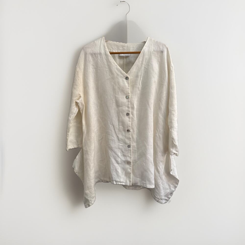 BRYN WALKER Tunic Small Linen‎ Lagenlook Boxy Sharkbite Hem Long Sleeve Cream S